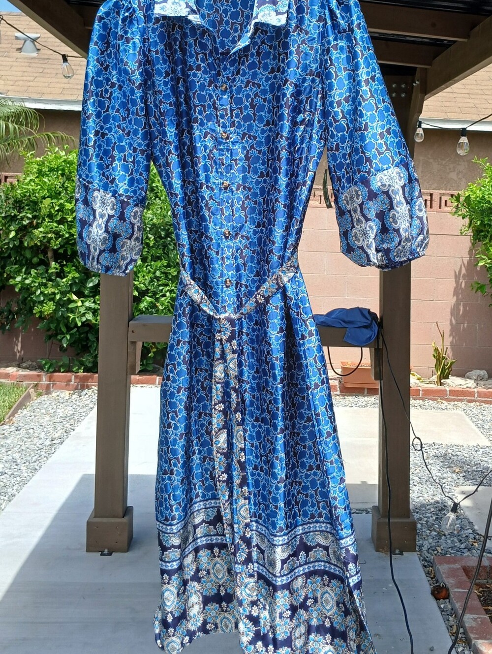 Blue Paisley Maxi Shirt Dress with Tie Waist